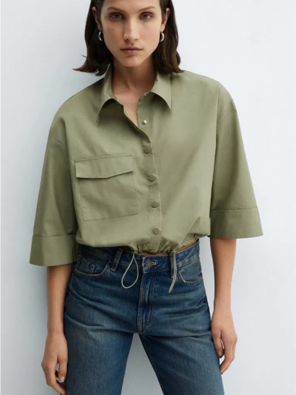 Mango Olive Adjustable Hem Utility Snap-Down Shirt Small Cropped
